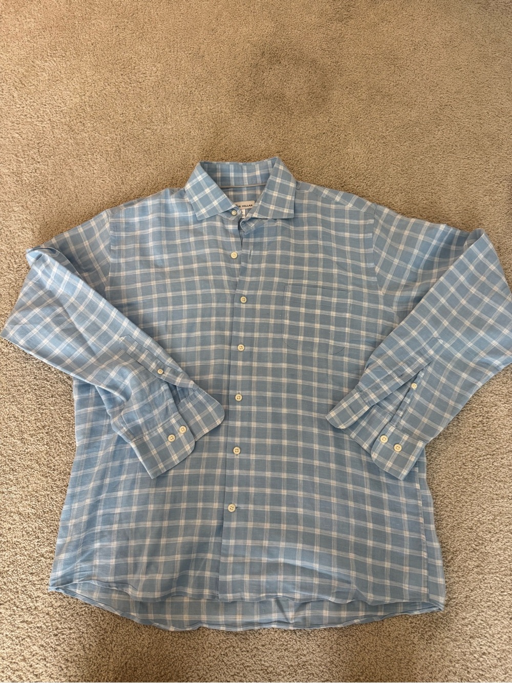 Peter Millar linen Light Blue Plaid Button-Down Shirt Large